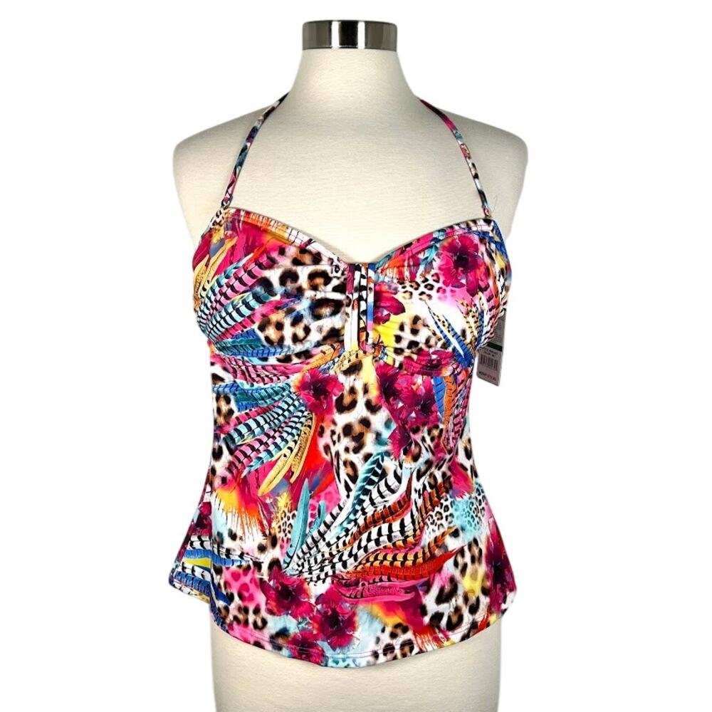 NEW! Kenneth Cole Reaction Feather Floral Animal Print Tankini L Removable Pad